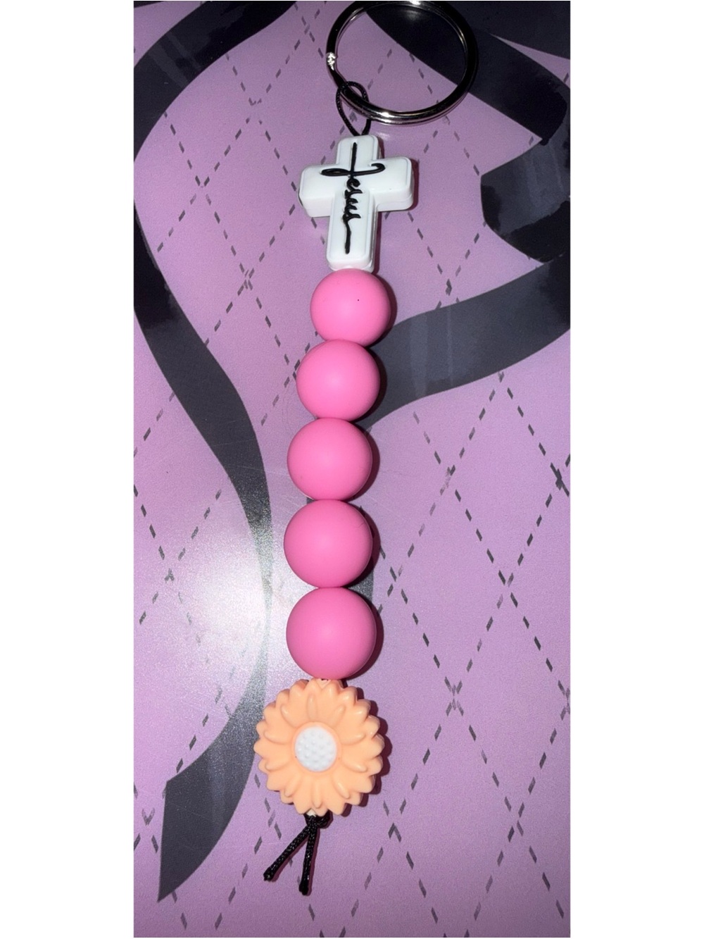 Woman Pink Beaded Cross Keychain with Flower Charm